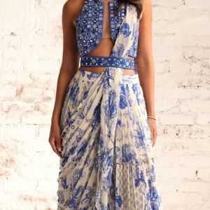 Elegant Blue and White Women's Saree Skirt Set